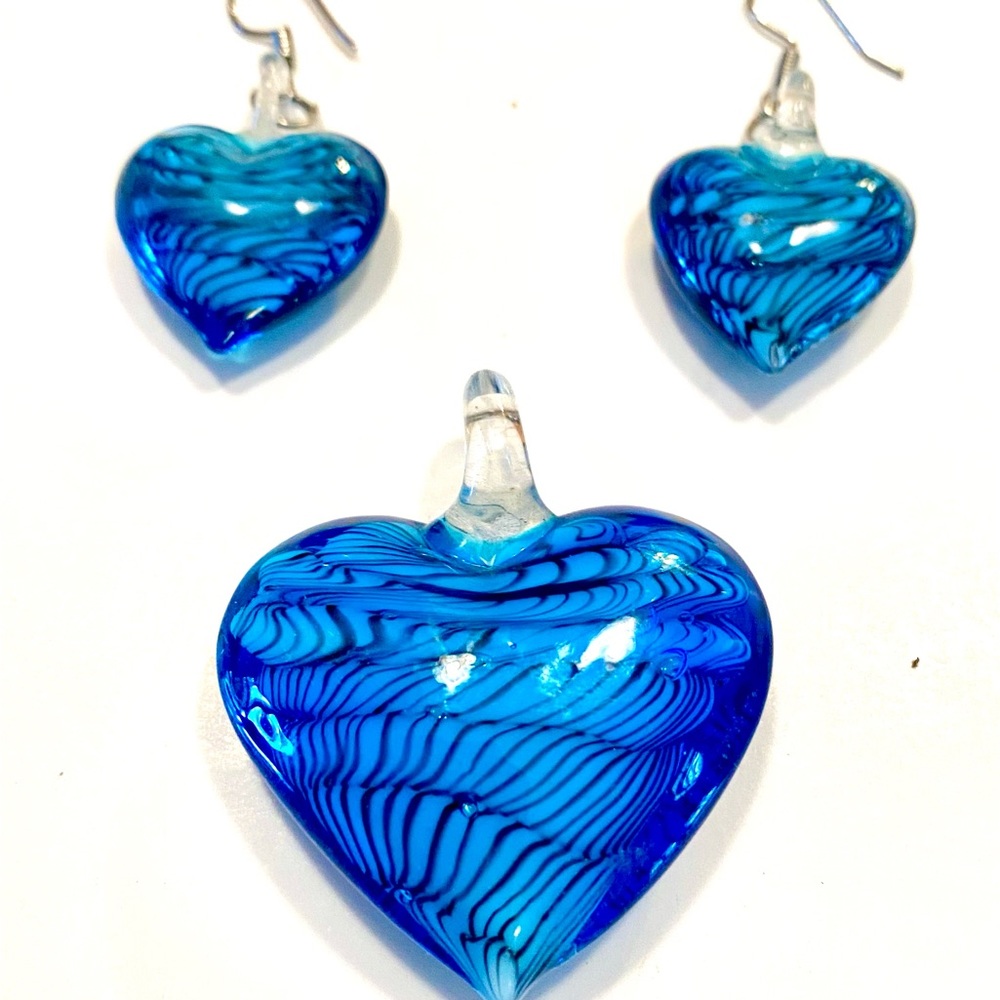 Aqua Turquoise & Blue Glass Hearts Earrings & Charm Set
